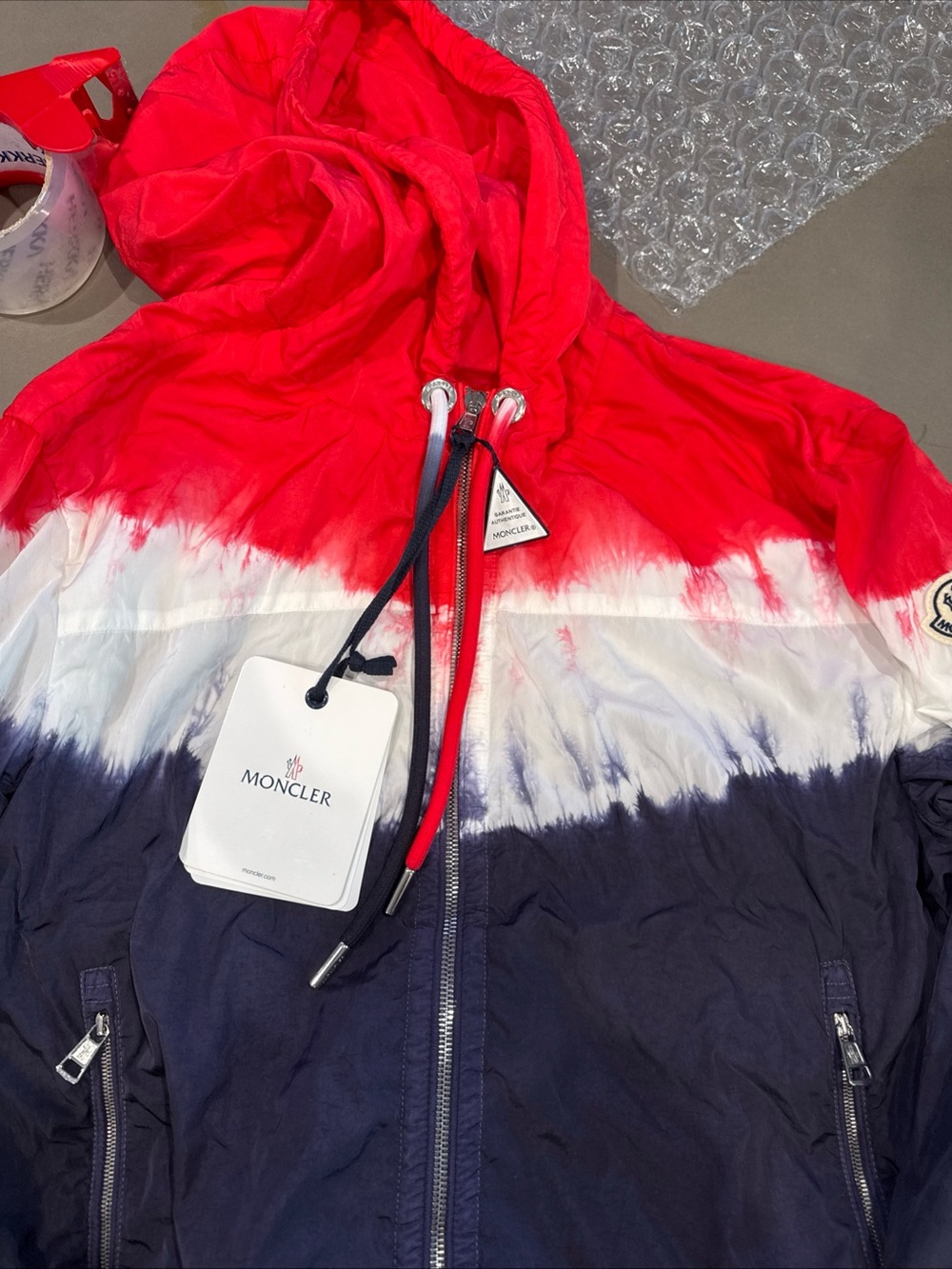 NWT Moncler mens Red White Navy Tie-Dye Hooded Windbreaker
